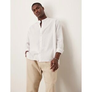 E1 Zara Man White Linen Blend Band Collar Long Sleeve Regular Fit Shirt Large